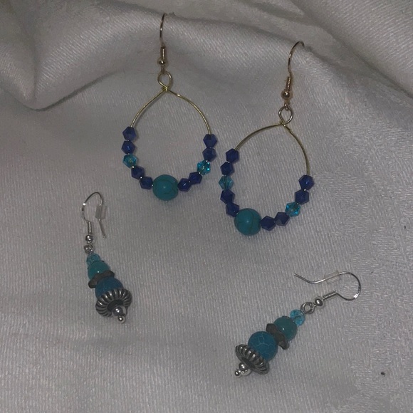 2 Pair Handmade Earrings w New & Upcycled ♻️ Beads Gold Hoops & Silver Dangling - Picture 1 of 4